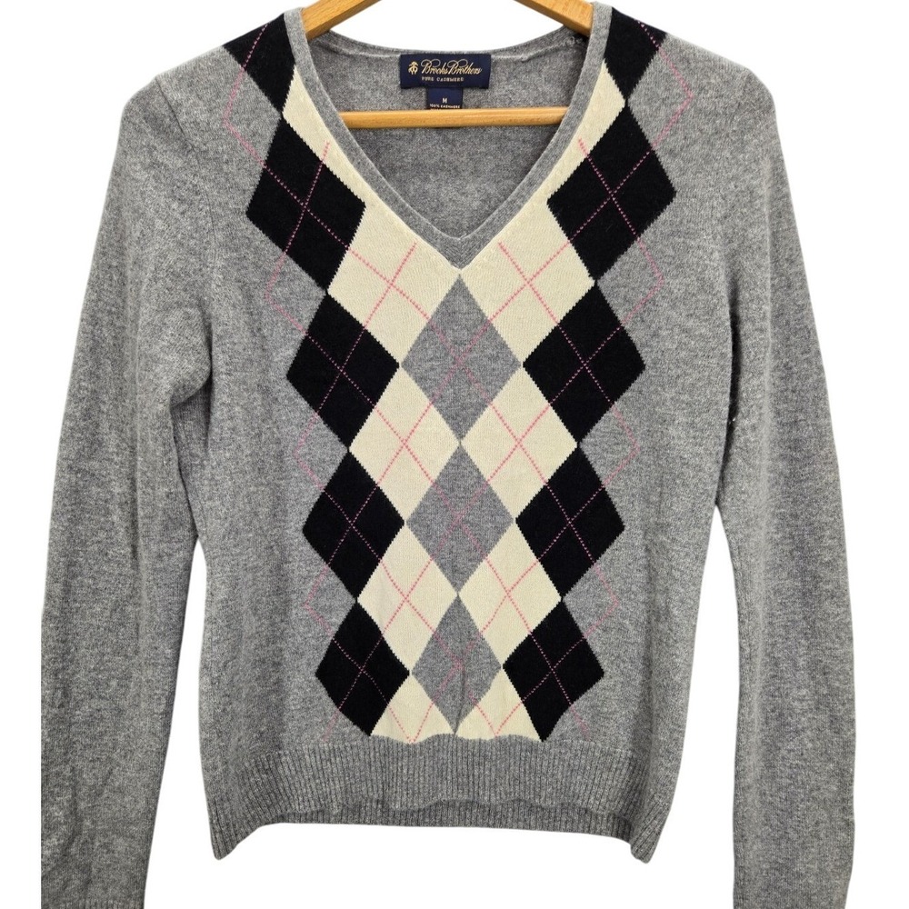 Brooks Brothers Women's 100% Cashmere Argyle Pullover Sweater Size M Preppy